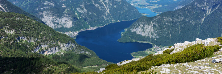 View of the Hallstatt and lake Hallstatter See from the mountain Krippenstein. Panorama. Austria