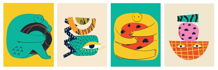 Big Set of Different colored Vector illustartions for posters in Cartoon Flat design. Hand drawn Abstract shapes, faces, different texture funny Comic characters.