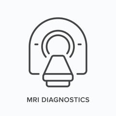 MRI diagnostics flat line icon. Vector outline illustration of tomography equipment. Black thin linear pictogram for medical machine scanner