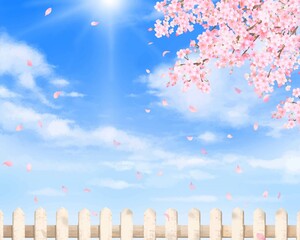 柵と美しく華やかな花びら舞い散る春の桜と青空に光差し込む雲のフレーム背景素材
