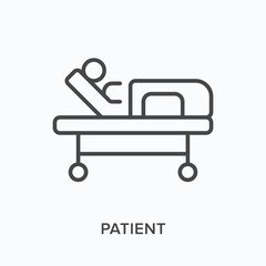 Patient flat line icon. Vector outline illustration of person in bed. Black thin linear pictogram for hospital intensive care