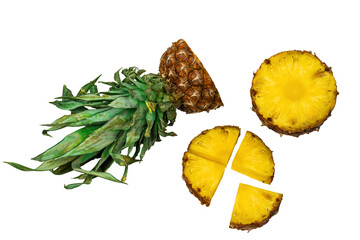 Juicy ripe pineapple cut into several parts on a white isolated background