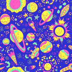 Hand drawn space seamless vector pattern. Planets and spaceships kids background