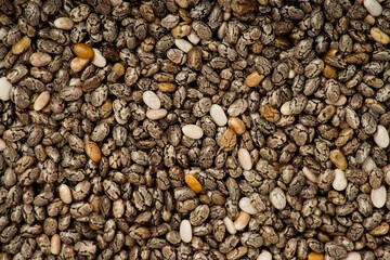Chia seeds background or texture. Close up, top view   