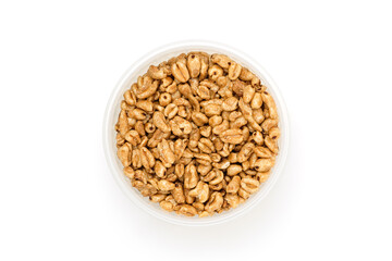Puffed wheat with caramel in bowl isolated on white background  