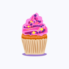 Cartoon cupcake with colorful shavings and pink cream decoration. Muffin isolated on white background. Dessert icon vector illustration, object flat design element