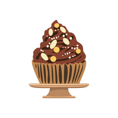 Cartoon chocolate cupcake with colorful shavings and brown cream decoration in plate. Muffin isolated on white background. Dessert icon vector illustration, object flat design element