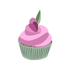 Cartoon cupcake with colorful shavings and pink cream decoration. Muffin isolated on white background. Dessert icon vector illustration, object flat design element