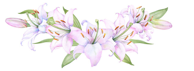 Bouquet white lilies, pink lilies, flowers and buds watercolor flower arrangement