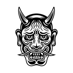 Hannya japanese theatre mask with horns, demon face vector illustration in vintage monochrome style isolated on white background