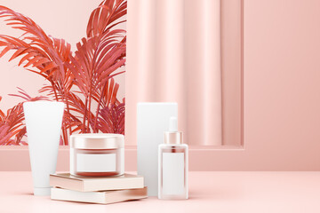 Minimal abstract pink pastel background with cosmetic bottle on rose gold metallic podium in luxury studio scene. Modern showroom interior 3d rendering image for product display.