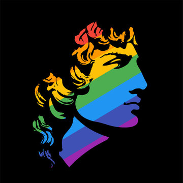 Antinous as a symbol of the LGBT movement. Portrait of an ancient Greek youth - God in a rainbow color. Sexual minorities. Gays. Pride Parade.