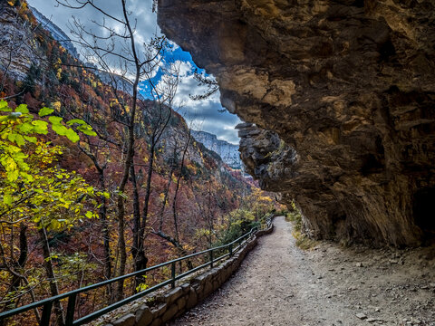 Autumn view of beautiful nature in Ordesa and Monte Perdido NP, Pyrenees, Aragon in Spain.