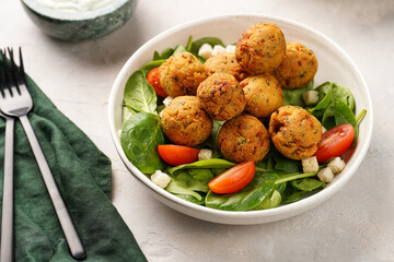 Salad bowl with chickpea falafel, fresh green spinach, cherry tomatoes, croutons and mint yoghurt dressing on a grey stone surface