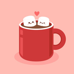 Funny Marshmallows characters  and cup of coffee. Marshmallows character design. Dessert cartoon.