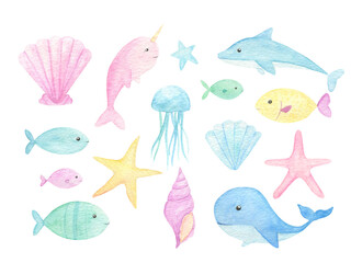 Naklejka premium Ocean creatures watercolor cute illustrations with whales, fish, seashells isolated on white background. Perfect for kids textile, fabric, covers, baby shower invitations, cards. Soft light colors. 