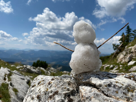 Snowman on Hajla peak during summer in Kosovo