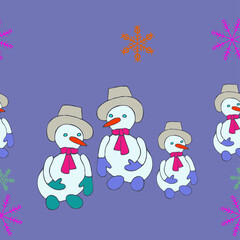 Stylized  snowmans with hat . Hand drawn.