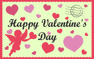 Valentine's Day postage stamp with hearts and Cupid