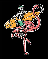 skull and flamingo get ready to surf illustration