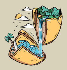 mountain and beach in broken glass illustration