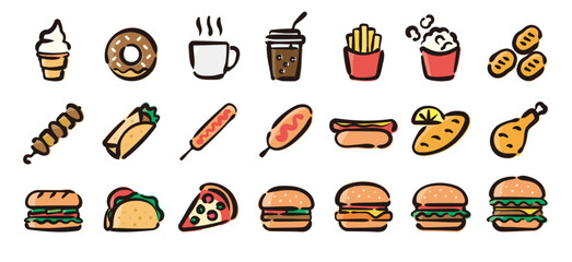 Fast food icon set for graphic (Hand-drawn line, colored version)