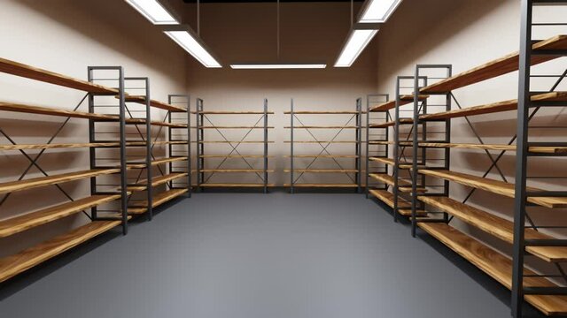 Warehouse with empty racks, wooden shelves on metal base. Realistic interior of modern industrial storage room with walls, grey floor and lamps. Storehouse in store, garage or market, 3d render