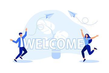 meeting, greeting concept, characters standing near the word greetings and giving greetings signs flat vector design illustration 
