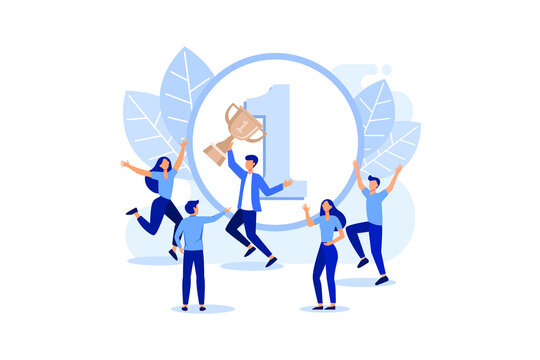 concept of success, reach the goal, come first to the finish line, take the leadership positions, celebrate the victory, the first place with the medal and the gold cup flat vector design illustration