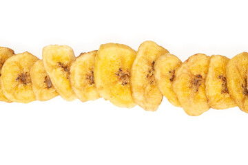 Banana chips isolated on white background. Healthy alternative snack.
