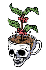 coffee cup and coffee tree illustration