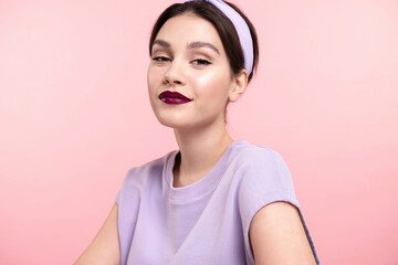 Stylish modern  pretty girl with trendy makeup, healthy glowing skin, lavender headband friendly...