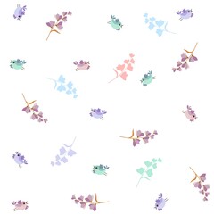 Endless pattern with fluttering birds of different colors and bells and flowers isolated on a white background. Fun fabric for a child. Print for bed linen. Vector.