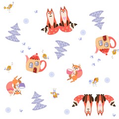 Foxes, squirrels, funny birds, notes, snowflakes, house in the form of magic teapot, snow-covered fir trees, snowflakes isolated on a white background. Wonderful fabric print for kids. Vector design.