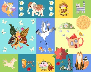 Patchwork pattern for kid with dancing crane, elephant, fairy-tale butterfly hurrying to date, flowers, cakes, teapots, cat, squirrel, unicorn. Endless print for fabric. Carpet, pillowcase, wallpaper.