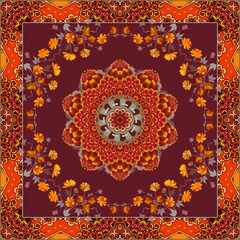 Bright print for scarf, carpet, tablecloth, napkin, pillow with a mandala, wreath of blooming orange cosmos flowers on brown background and decorative frame. Vector design. Fashionable accessory.