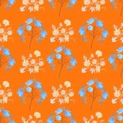 Beautiful garden. Seamless print with fantasy trees with large blue flowers and berries and blooming delicate orange cosmos flowers  between them isolated on bright orange background. Romantic pattern