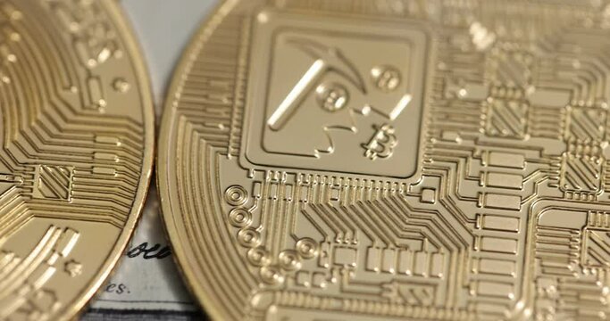 4K video of macro image of Bitcoin coins. Bitcoin crypto currency. BTC coins. Dark background with flashing lights. Blockchain technology, Bitcoin mining concept