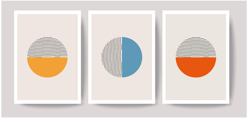 Mid Century Modern Art, Set of 3, Neutral Wall Art, Minimal lines and circles.  Geometric organic balance shapes