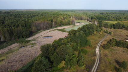Aerial view of a lake with green water and greenery forest with trees and dry grass. There is a path nearby. Ukraine 