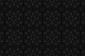 Embossed exotic black background, decorative cover design. Geometric 3D pattern, handmade style. Ethnic creativity of the peoples of the East, Asia, India, Mexico, Aztec.
