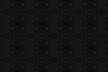 Embossed exotic black background, cover design. Geometric vintage 3D pattern, handmade style. Ethnic creativity of the peoples of the East, Asia, India, Mexico, Aztec.