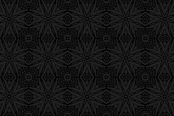 Embossed exotic black background, cover design. Geometric luxury 3D pattern, handmade style. Ethnic creativity of the peoples of the East, Asia, India, Mexico, Aztec.