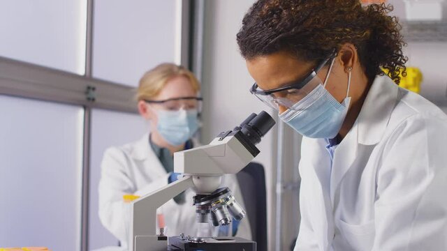 Female Lab Workers Wearing PPE Analysing Samples In Laboratory With Microscope
