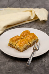 Walnut baklava on a dark background. Traditional Turkish cuisine delicacies. Close-up.