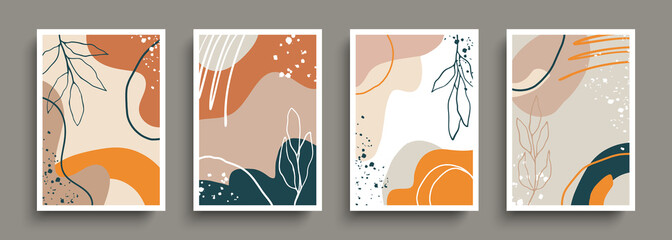 Botanical backgrounds set. Abstract cover templates with artistic shapes. Hand drawn floral backgrounds for your creative graphic design. Vector illustration.