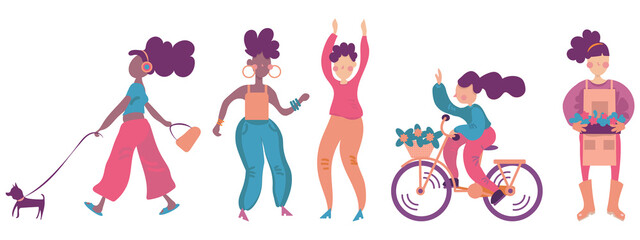 Girls in a different activity, walking, dancing, cycling, gardening. Vector illustration, isolated on a white background.