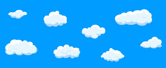 Clouds set isolated on blue background. Collection of clouds for web site, poster, placard and wallpaper. Creative modern concept. Clouds vector illustration