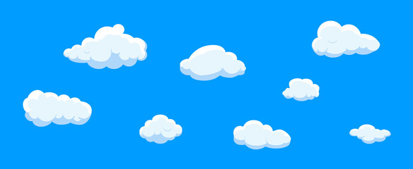 Clouds set isolated on blue background. Collection of clouds for web site, poster, placard and wallpaper. Creative modern concept. Clouds vector illustration
