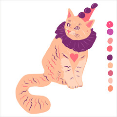 Cat in a cap and collar. Vector illustration on white background. Carnival costume.